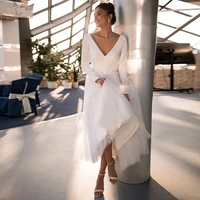 simple short wedding dress 2021 tea length a line long sleeves white ivory bridal bride gown satin tulle elegant custom size