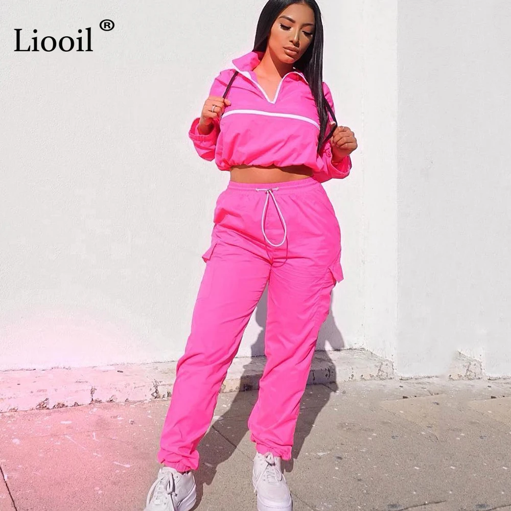 Liooil Neon Green/женская одежда комплект из двух предметов, спортивный костюм осень, укороченный топ с длинными рукавами на молнии и спортивные штаны, комплекты для бега
