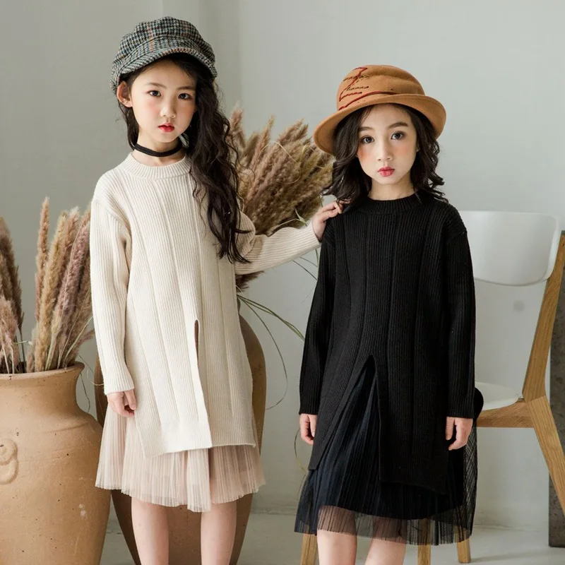 Новое зимнее платье-свитер для девочек Сетчатое вязаное платье с Разрезом