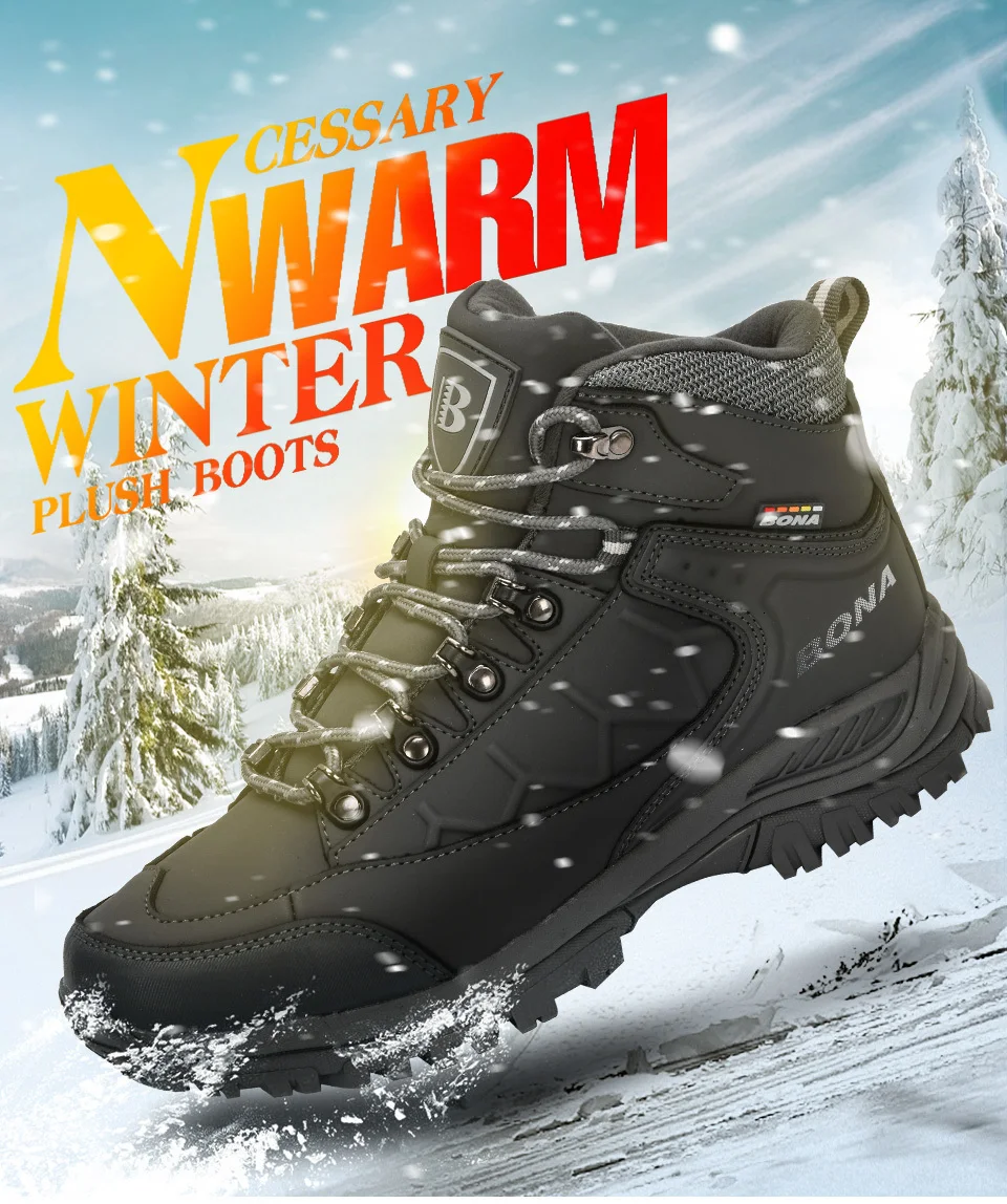 BONA New Leather Hiking Shoes Men Autumn Winter Climbing Boots High Top Trekking Hunting Shoe Trainers Black Waterproof Sports