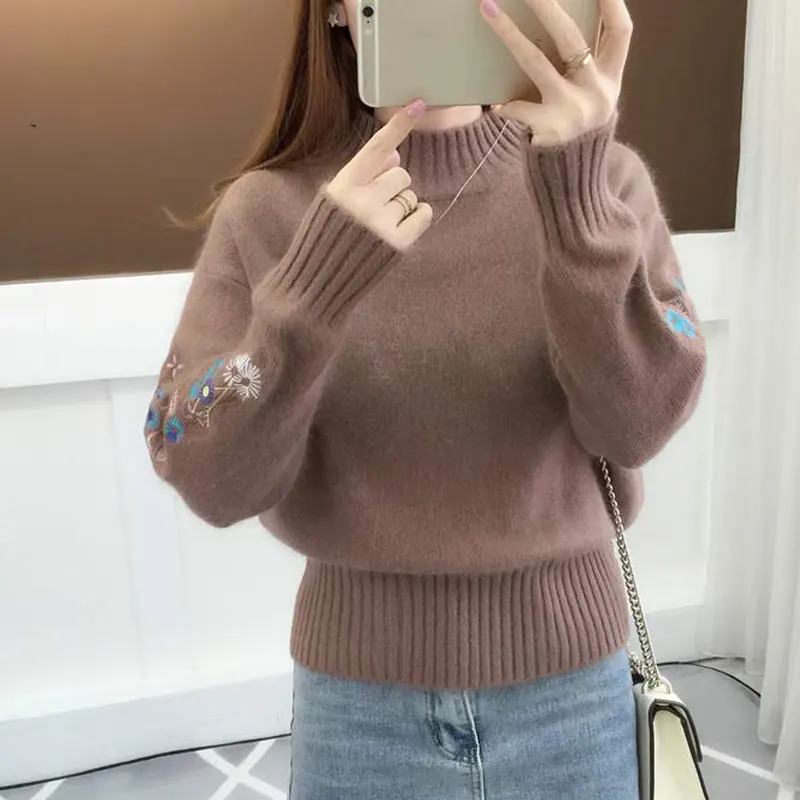 brown sweater women RealShe, Осенний женский свитер,, водолазка, длинный рукав, вышивка, толстый кашемировый свитер для женщин, элегантный осенний свитер для женщин - Цвет: brown sweater women