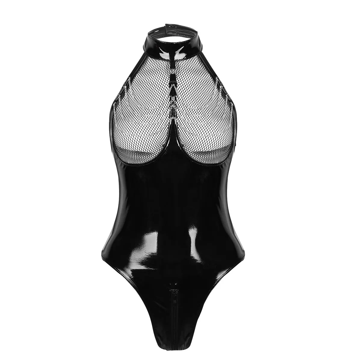 Women 1 Pcs Promotion Wetlook Patent Leather Bodysuits See-through Halter Neck Mesh Fishnet Bust Zipper Crotch Leotard Clubwears |