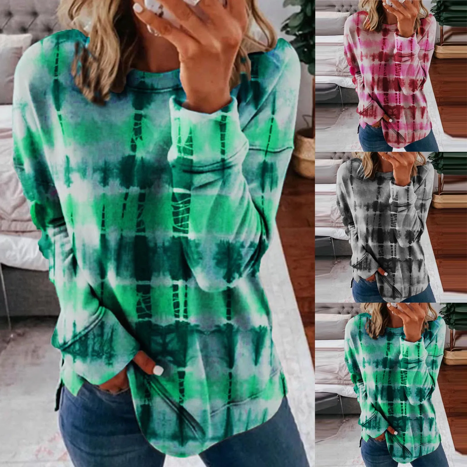 

Woman's Casual Fashion Long Sleeve Tie-dye Round Collar Striped Sweatshirt Tops High Fashion Casual New Sudadera Mujer