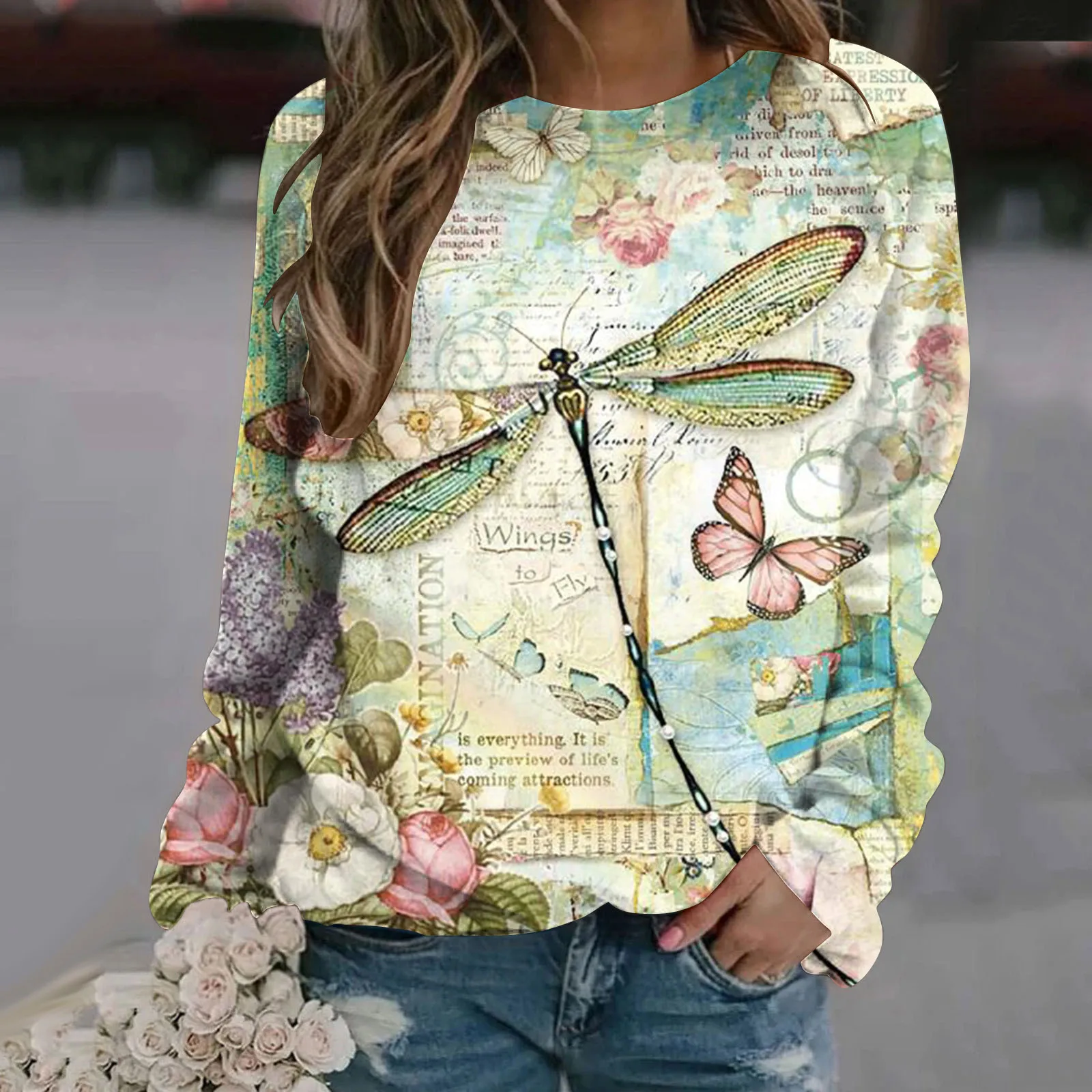 

Women's Fashion Casual Print Round Neck Pullover Long Sleeve T-shirt Tops For Women Summer