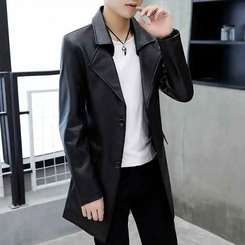 Brand Fashion Trench Coat Men Autumn Pu Leather Motorcycle Long Jacket England Style Slim Fit Black Windbreaker M-3XL | Мужская одежда