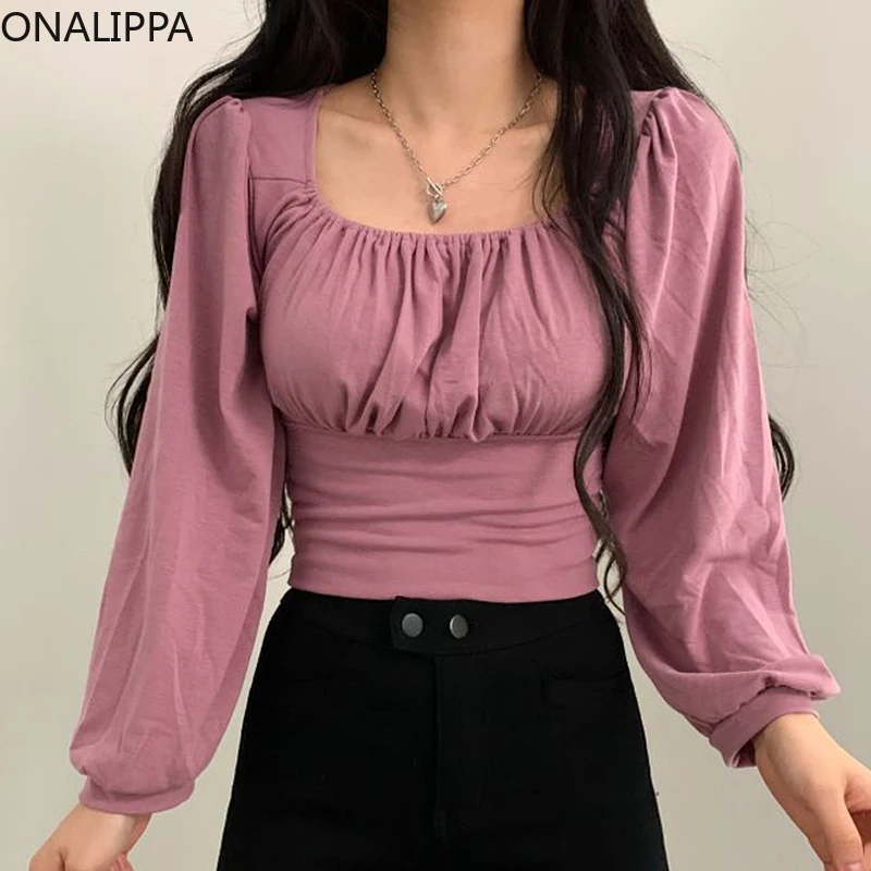

Женская блузка Onalippa 2021, осенняя элегантная плиссированная блузка с квадратным воротником и открытой талией до ключиц, тонкая рубашка с коро...