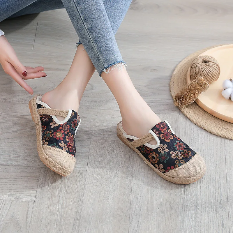 Spring Autumn Women Shoes Anti-slip Flower Cloth Casual Breathable Ladies Linen Slippers Indoor Retro Mixed Color Female Slipper