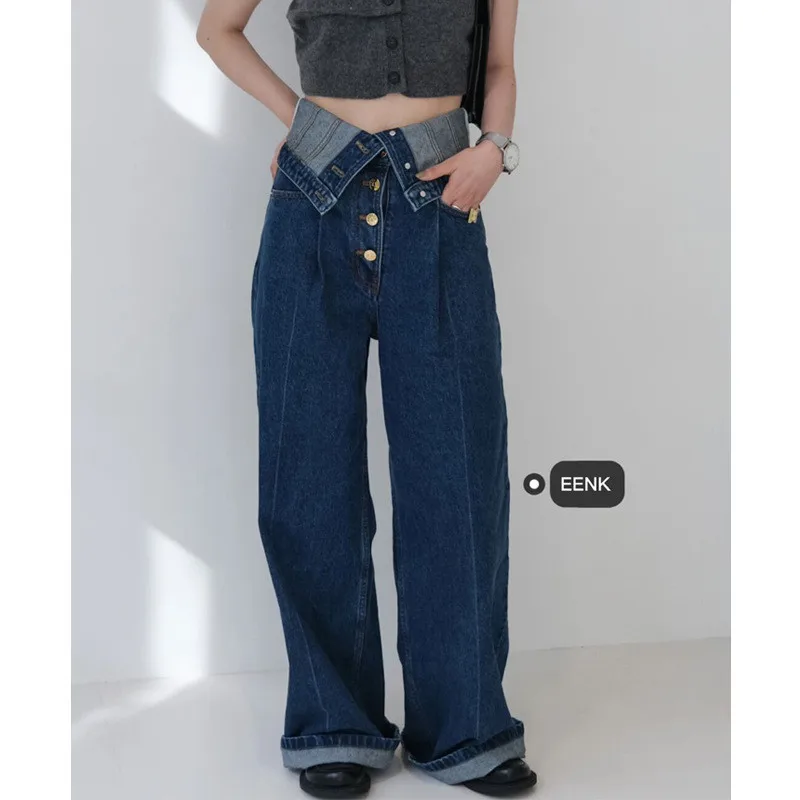 Spring Flanged high Waist Slim Jeans Women Retro Casual Straight Wide Leg Full-length Pants Fashion Street Trousers Trend JD2236