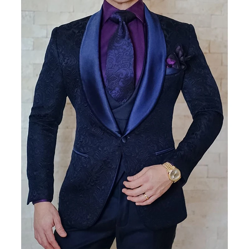 

3 Piece Floral Jacquard Men Suits for Wedding Slim Fit Custom Tuxedo with Shawl Lapel Male Fashion Groom Jacket Vest Pants
