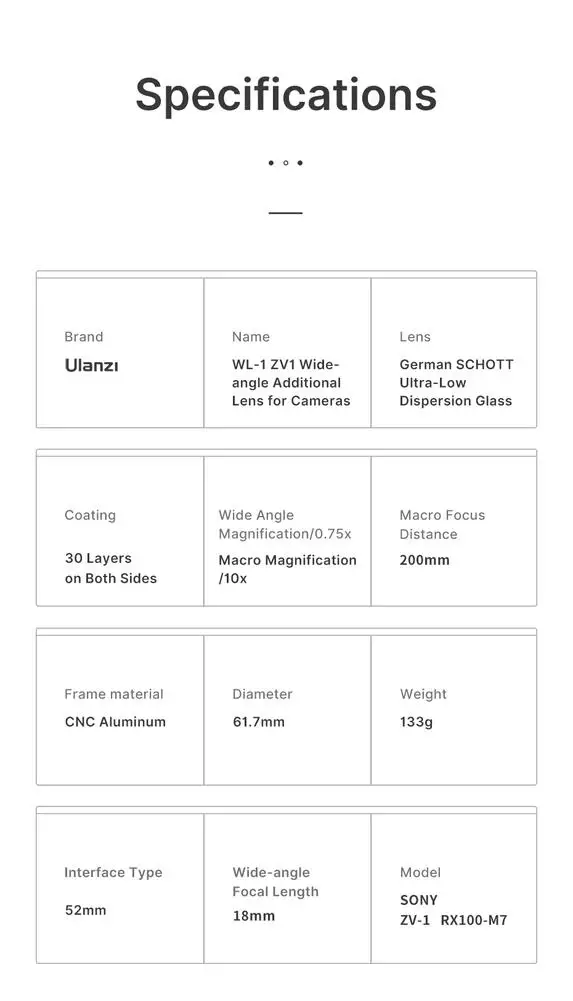 

Ulanzi WL-1 ZV1 10X HD Macro Lens 18MM Wide Angle Lens Camera Lens for Sony ZV-1 Camera Accessories Camera Lens