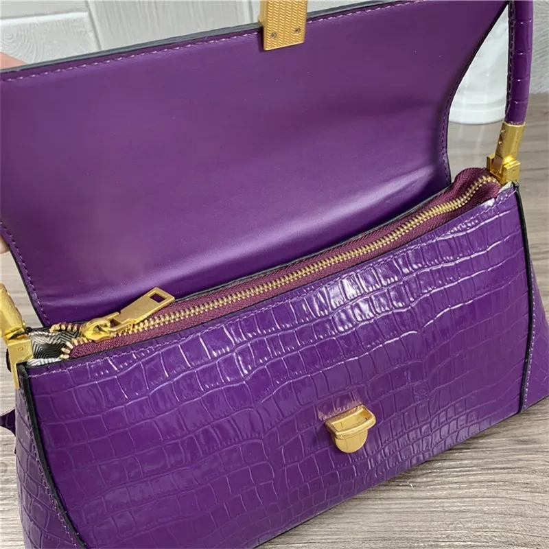 

High Quality Leather Womens Handbag Party Elegant Ladies Crocodile Pattern Shoulder Bags Purple Office Work Packing Totes Bag