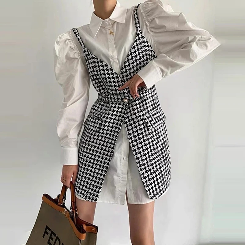 

2021 Autumn Women Dress Two-piece Sets Puff Sleeve Solid Shirt Mini Dress Plaid Sling Belt Vest Fashionable Female Clothing