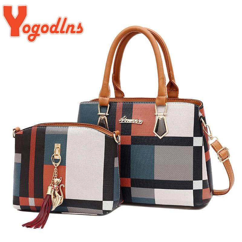 

Yogodlns, женская сумка контрастных цветов, с решетчатой ручкой, сумка через плечо из искусственной кожи, вместительная, с подвеской, 2 шт.