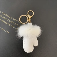 fluffy keychains for women gloves real shearling lamb fur mitten with genuine mink fur trim key ring cute bag pendant