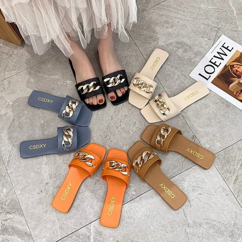 

Square Toe Chain Slippers Cute 2021 Women Summer Slipper Slip on Flat Slide Sandals Beach Flip Flops Casual Shoe Ladies Big Size