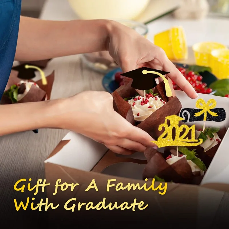 

48pcs 2021 Graduation Trencher Cap Creative Cake Toppers Cake Picks Cake Decors
