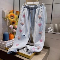 spring new heavy industry beaded love hole washed light blue elastic waist all match old pants jeans women jeans women fashion