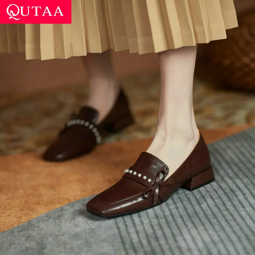 

QUTAA 2021 Genuine Leather Square Toe Basic Women Pumps Butterfly-Knot Fashion Square Low Heel Slip On Female Shoes Size 34-40