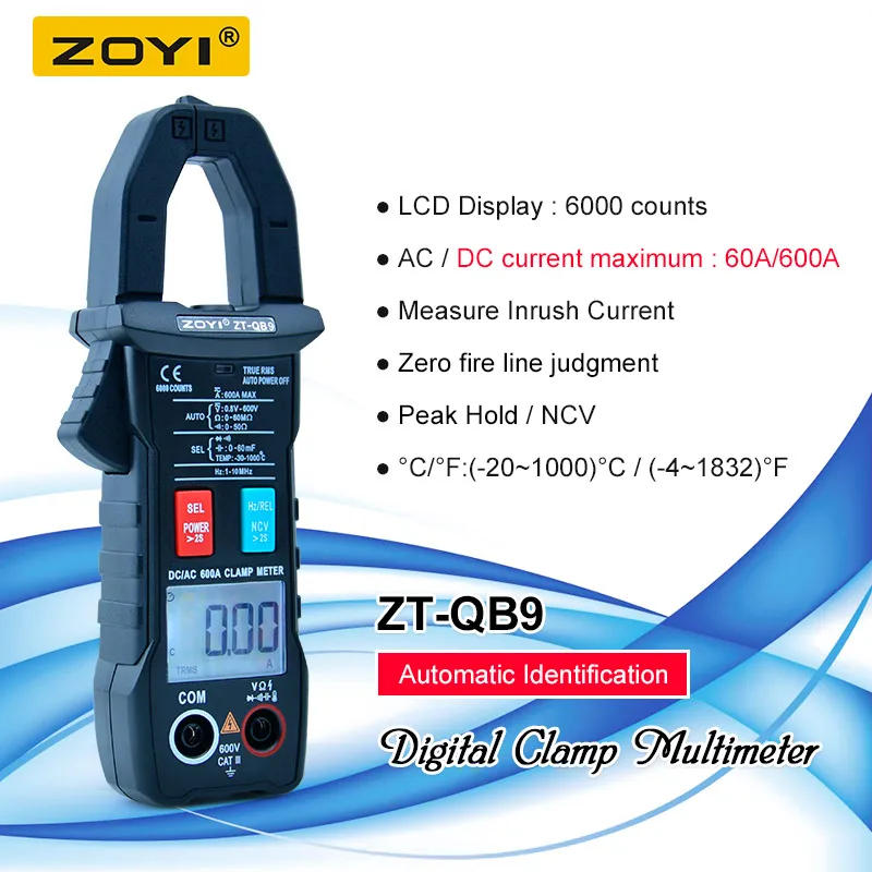 

ZOYI цифровой клещи переменного тока 600A импульсный ток 4000 отсчетов истинно-RMS AC/DC напряжение NCV сопротивление Авто диапазон вспышки света