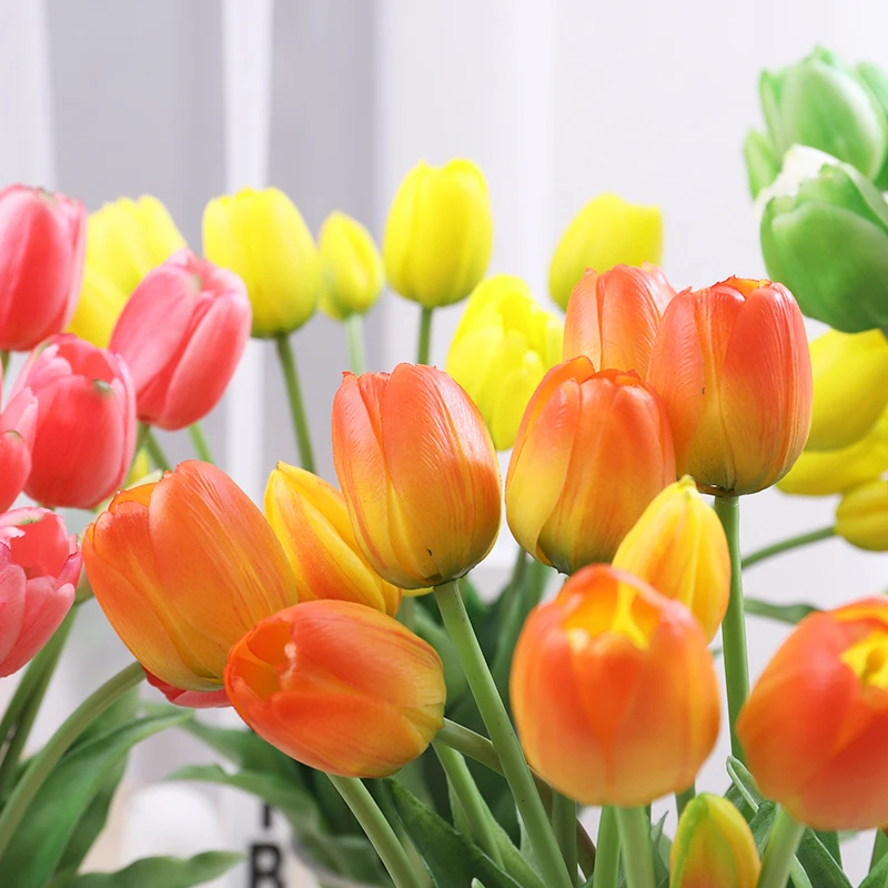 

5 Heads Handwritten Tulip PU Material Glued High End Artificial Bouquet Wedding Decoration Restaurant Restaurant Office Cafe