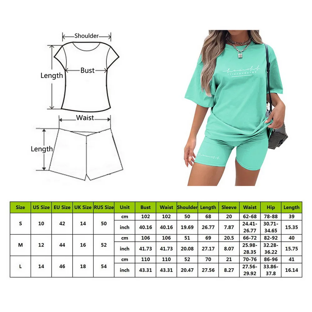 

KANCOOL Letter Print Casual Women Suit Short Sleeve Oversized TShirt Elastic Slim Shorts Fashion Sreetwear Suit Two Pieces Set