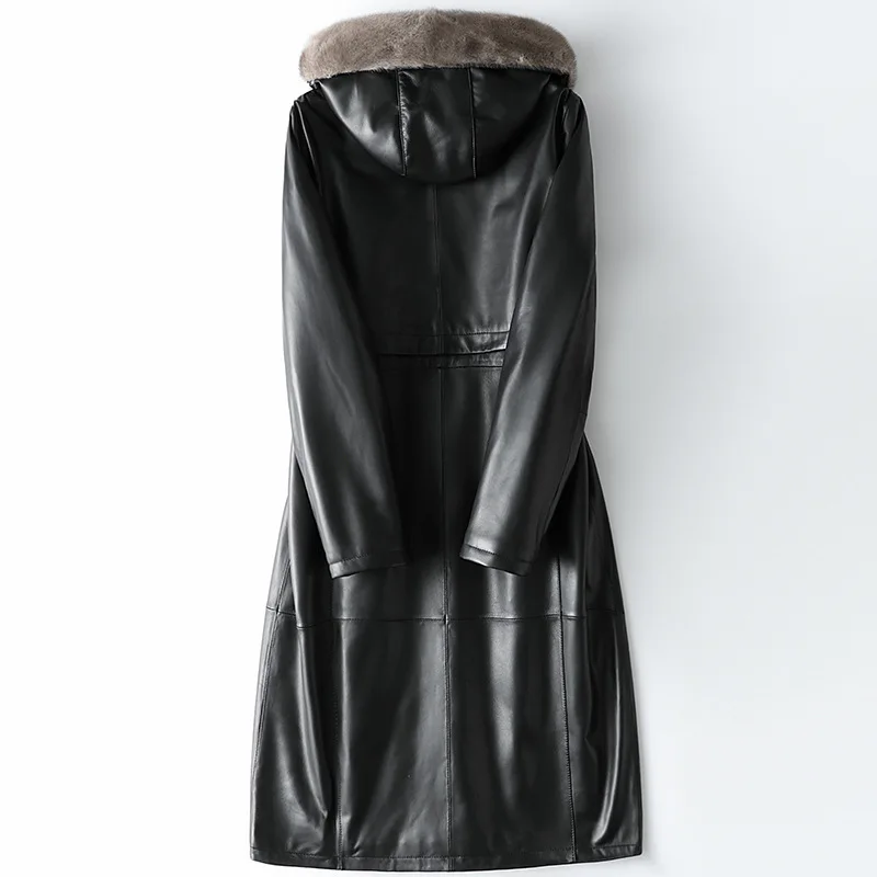 Женский длинный пуховик из овечьей кожи с меховым воротником и капюшоном большие