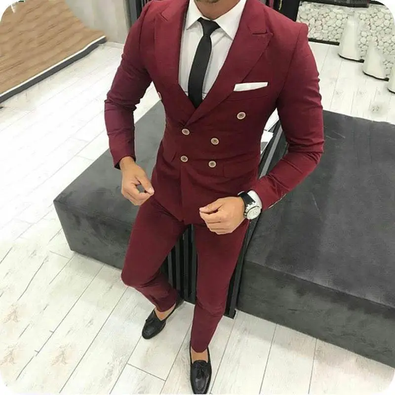 

Burgundy Men's Classic Wedding Suits Pants Peaked Lapel Double Breasted Groom Tuxedos Man Blazer Slim Fit Terno Masculino 2Piece