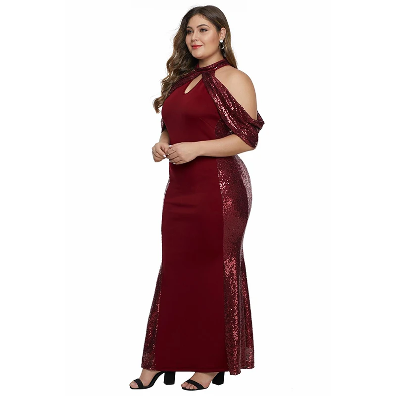 Платье женское длинное черное с блестками и высоким воротом размеры до 5XL |