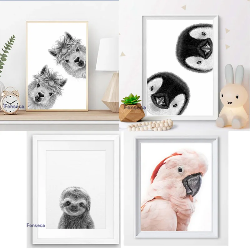 Милые животные Холщовый постер пингвин лама розовый какаду Ленивец детской