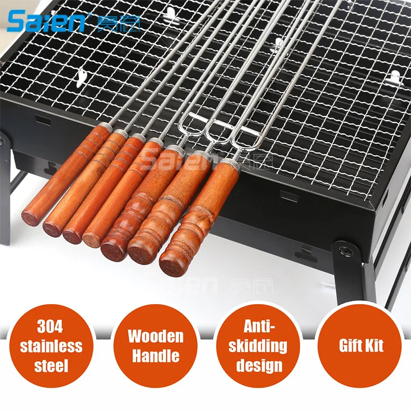 Double Prongs BBQ Barbecue Shish Kebab Skewers Stainless Steel Wooden Handle 16 inch 7-Piece | Спорт и развлечения