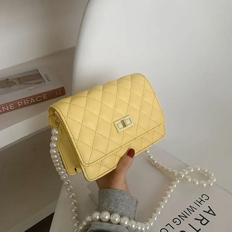 

PU Leather Crossbody Bags for Women 2021 Pearl Chain Shoulder Handbags and Purses Female Travel Cross Body Bag