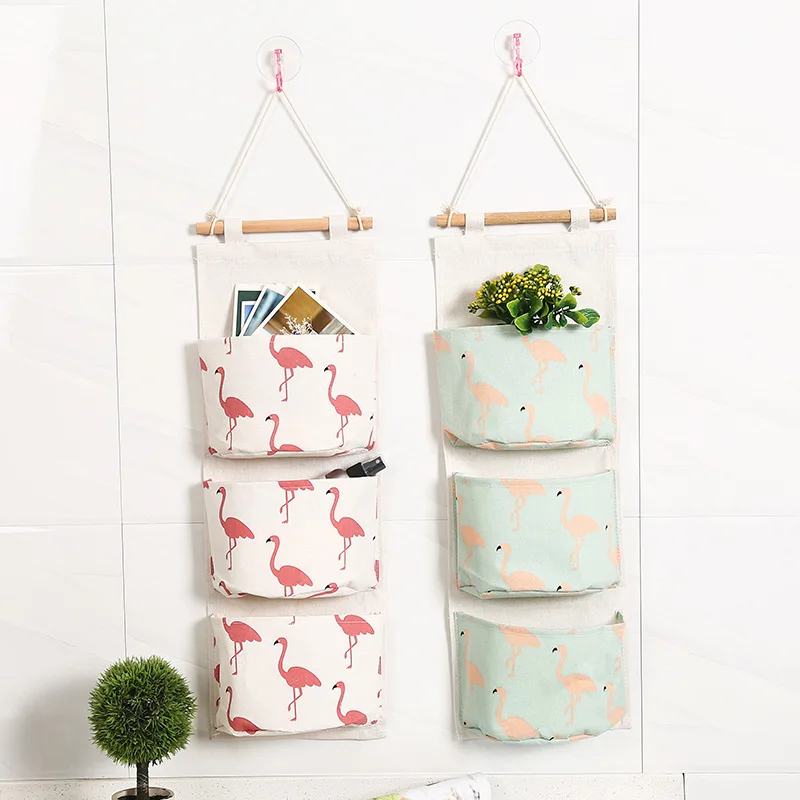 Подвесная сумка для хранения из хлопка и льна с рисунком фламинго 3 кармана