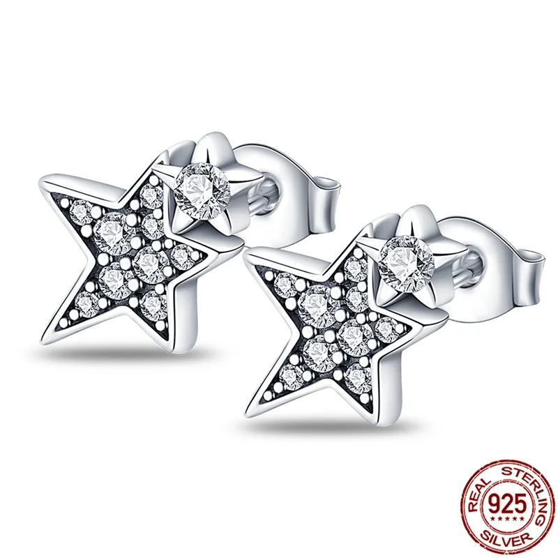 

Серьги-гвоздики Асимметричные из серебра 925 пробы со сверкающими звездами