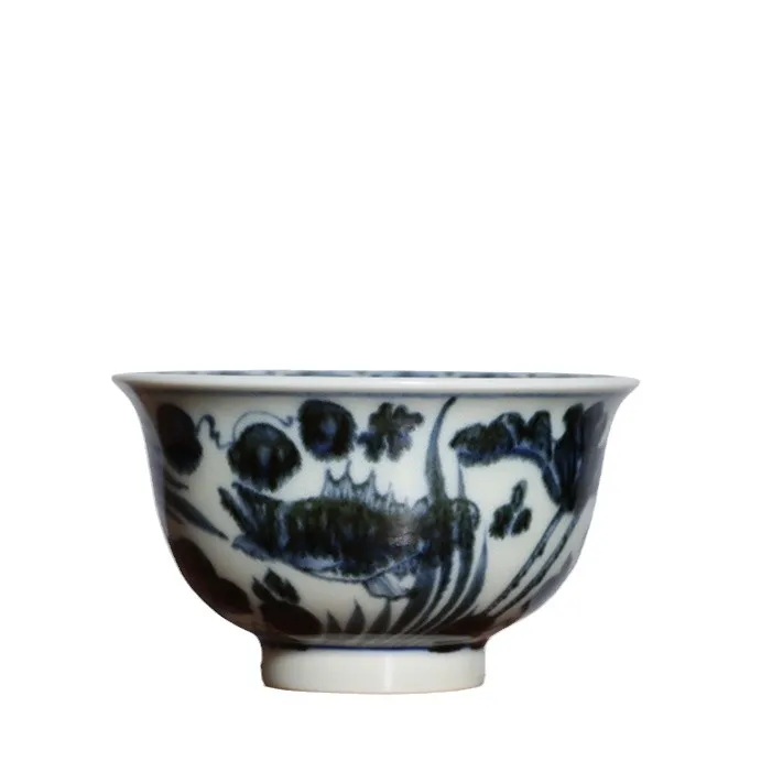 Imitaci&oacute;n Ming azul y blanco monta&ntilde;a Creaci&oacute;n de habitaci&oacute;n pintado a mano grano de pescado presi&oacute;n taza mano 100 cc-2