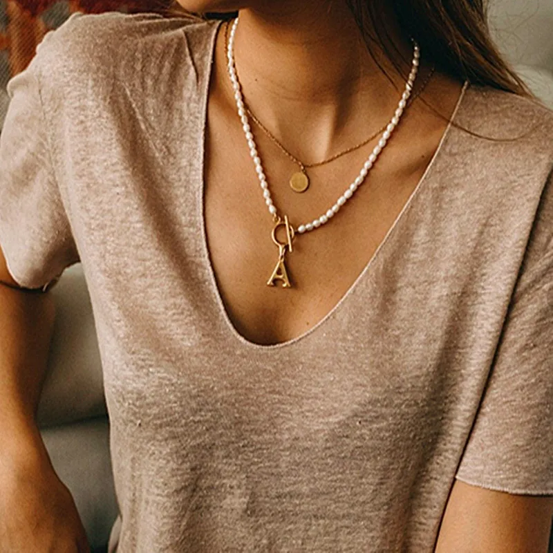 Natural Freshwater Pearl Necklace Stainless Steel Gold Women's 2020 New Boutique Jewelry 24 Stainless Steel Letter Pendants Baro