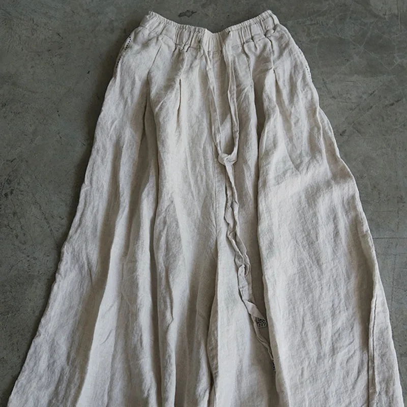 

Johnature Spring Summer Leisure Retro Embroidery Plus Size Lace Up Wide Leg Pants 2021 New Cotton Linen All-match Women Pants