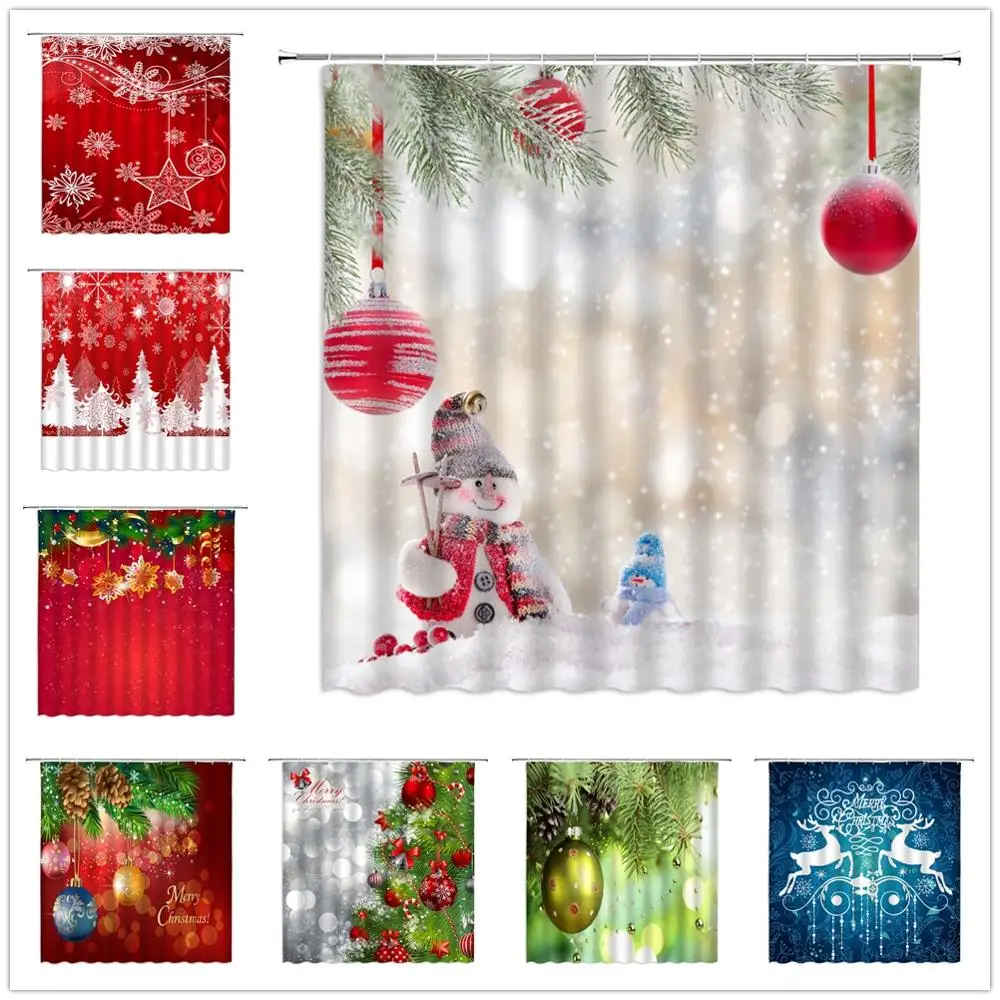 

Merry Christmas Shower Curtain New Year Holiday Bathroom Decor Xmas Tree Snowman Santa Claus Kids Bath Bathtub Cloth Curtain Set