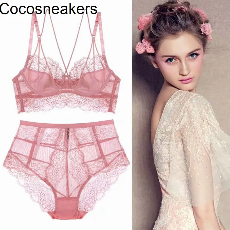 

sexy ultra-thin breathable lace back text bra high waist women's large chest underwear set summer