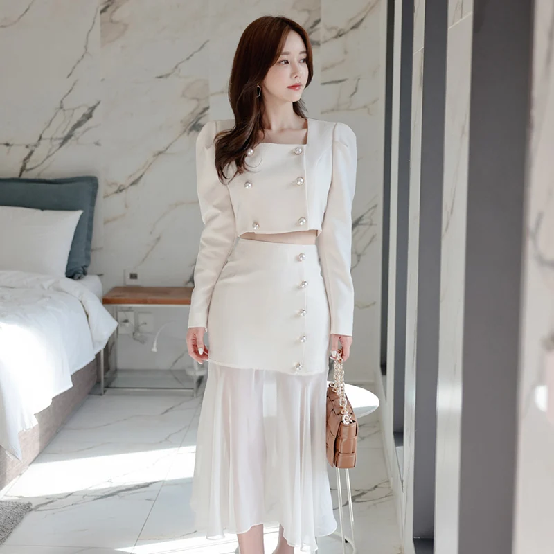 

Women spring Autumn High Waist Sheath Mermaid Suit skirt Work 2 Pieces Set Korean Double-breasted Chiffon White Simple Sets