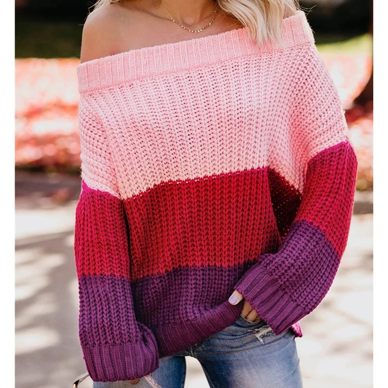 

Sexy Off Shoulder Striped Sweaters Winter Loose Patchwork Jumpers Long Sleeve Knitted Pullover Sweater