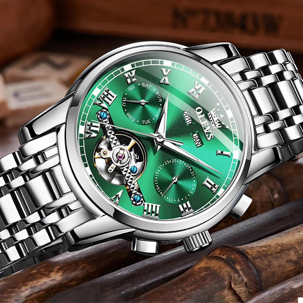 

Men Automatic Mechanical Watch Stainless Steel Watchband Waterproof Four Calendar Hollow Design Fashion Male Clock
