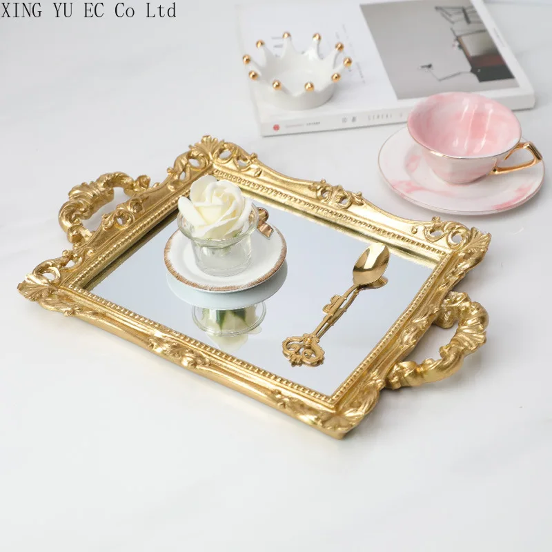 

Gold Printing Glass Binaural Mirror Storage Jewelry Tray Retro Luxury Storage Ornaments Shooting Props Retro Home Decoration