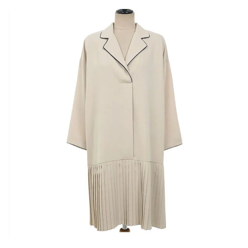 

New 2021 Spring Summer Women Draped Dresses Vintage Notched Patchwork Fashionable Loose Elegant Pleated Knee Dress for Women