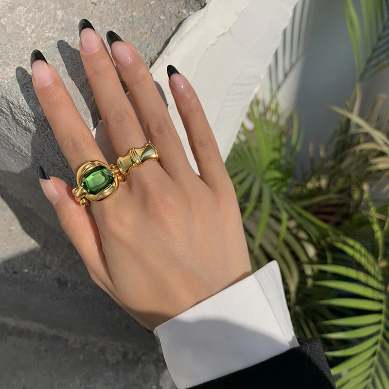 

Brass Vintage Green Crystal Statement Rings Designer Club Cocktail Party Gown Amazing Gift Trendy Gothic Boho Korean Japan