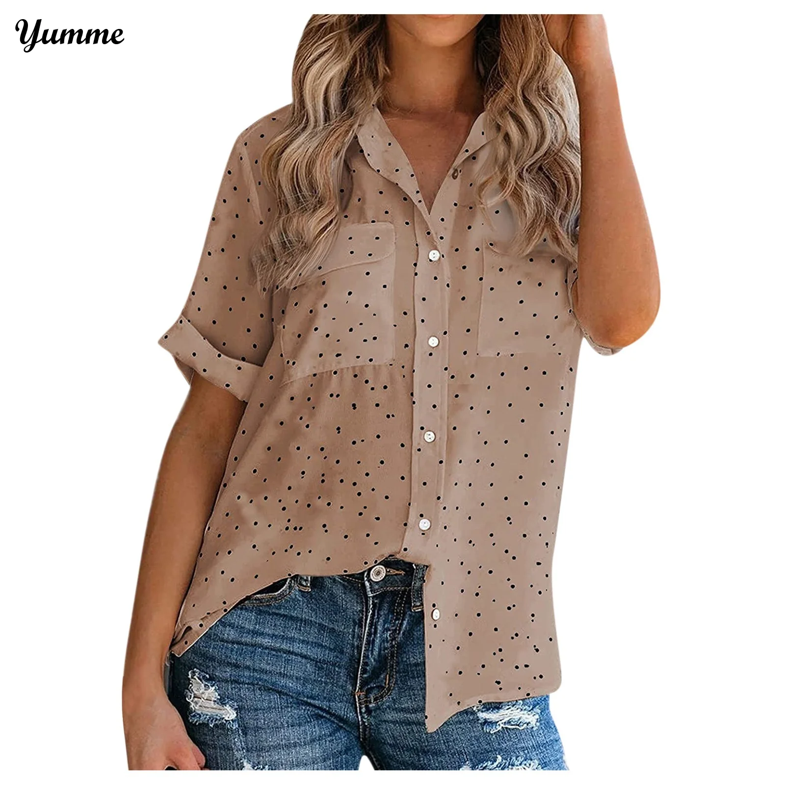 

Women's Long Sleeve Shirts Tops Polka Dot Blouses Elegant White Shirt Office Ladies Single Breasted Blusa Feminina Streetwear