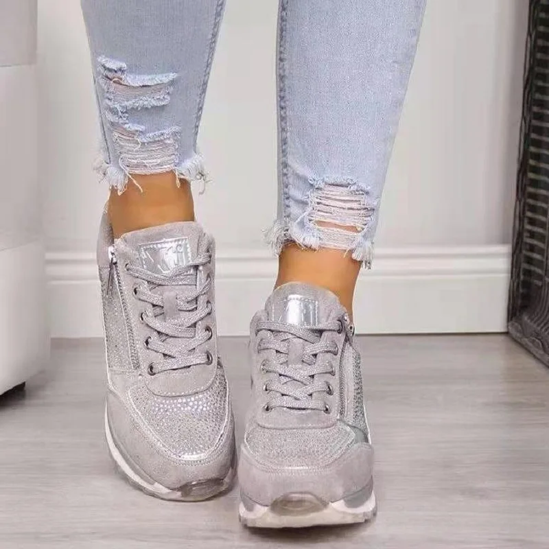 

Diamond Crystal Lace-up All-season Leather Sneakers Breathable Comfortable Shoes Ladies Flat Non-slip Shoes