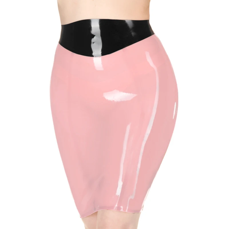 

Baby Pink And Black Mini Sexy Latex Skirts With Trims On Top Short Zipper Back Rubber Bottoms DQ-0059
