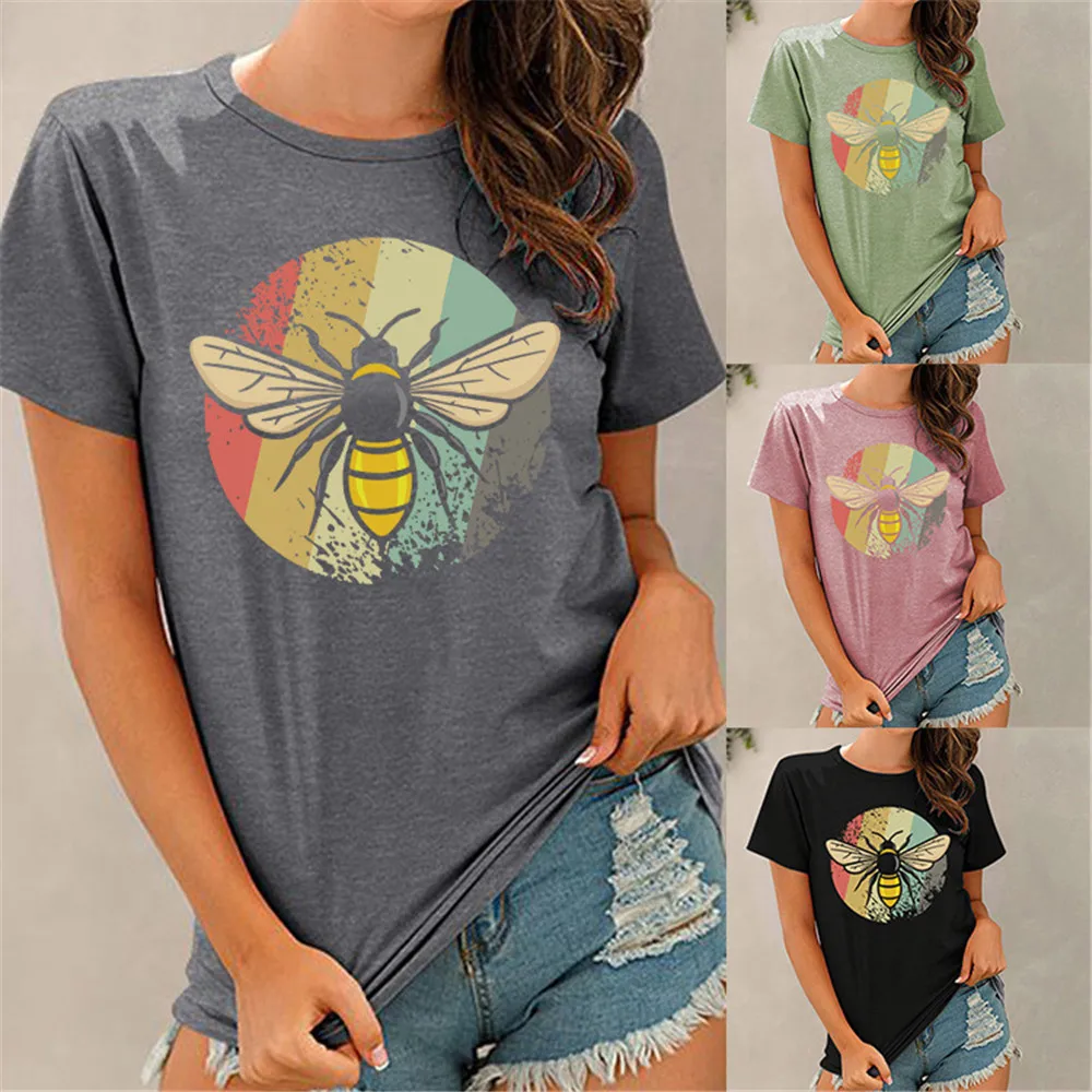 

Rainbow Bee Print Harajuku Tshirts For Women Summer Oversized Kpop T-shirt 2020 Vogue Vintage Tops Female Korean Aesthetic Ropa