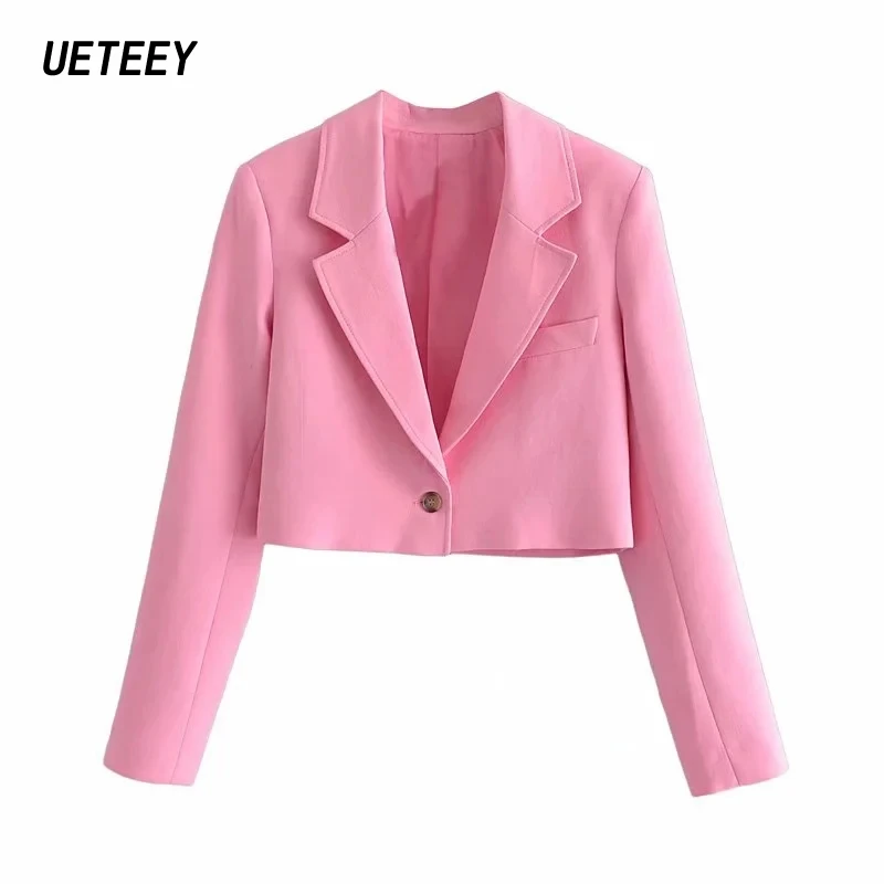 

Women's Blazers Cropped Jackets Pink Long Sleeves Outerwear Office Ladies Blazer Coats Female Cute Streetwear Button Summer Za