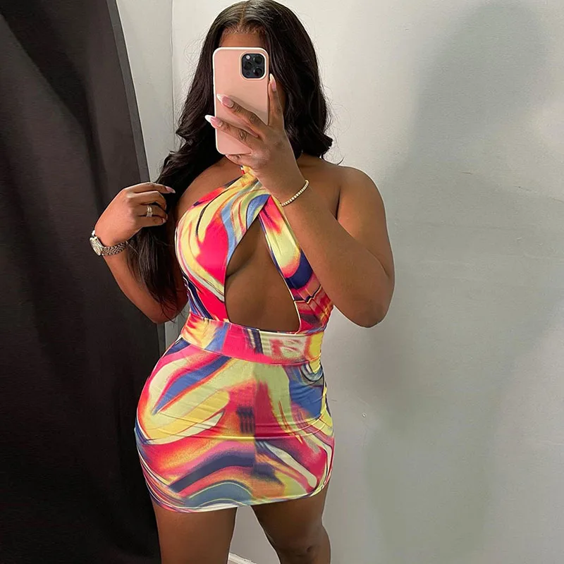 

Женское пикантное короткое платье с вырезами, Бандажное платье с открытой спиной, модное облегающее платье с принтом